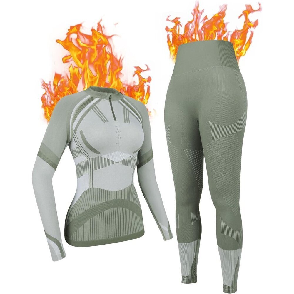 Women's White Green Half Zip Long Johns Underwear Winter Thermal Wear Sets